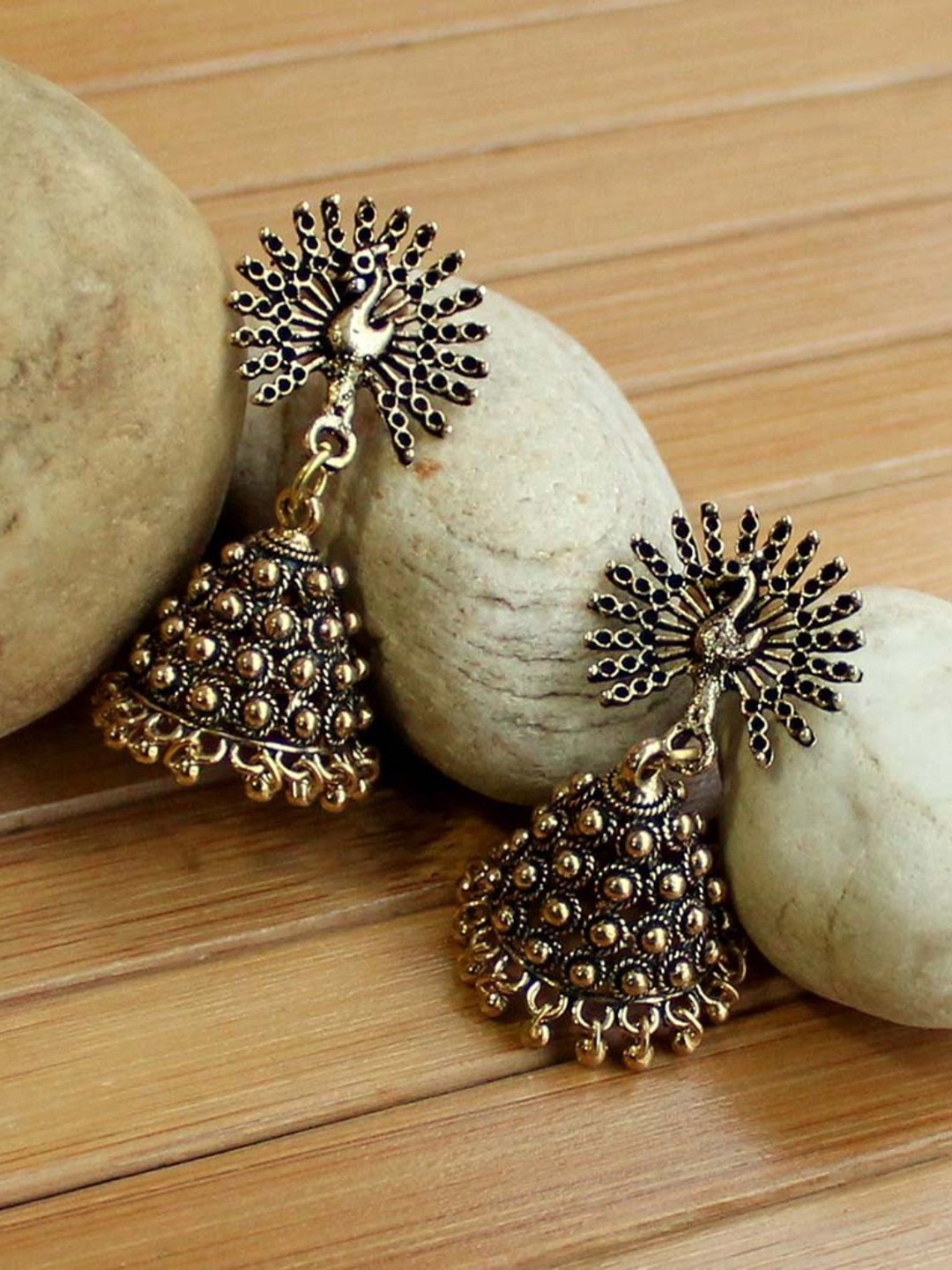 

Priyaasi Antique Gold-Toned Peacock-Shaped Jhumkas