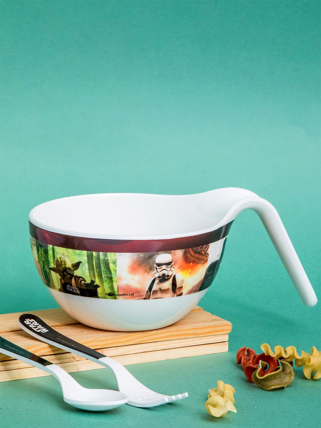 

Servewell Kids White 3 Pieces Printed Melamine Glossy Maggie Bowl With Spoon & Fork 650 ml