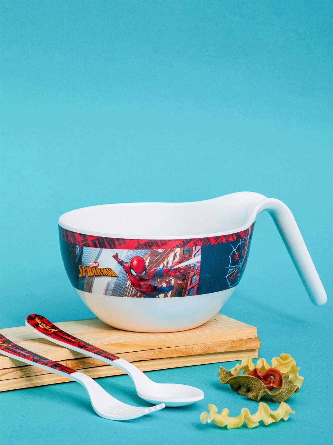 

Servewell Kids White 3 Pieces Printed Melamine Glossy Maggie Bowl With Spoon & Fork 650 ml