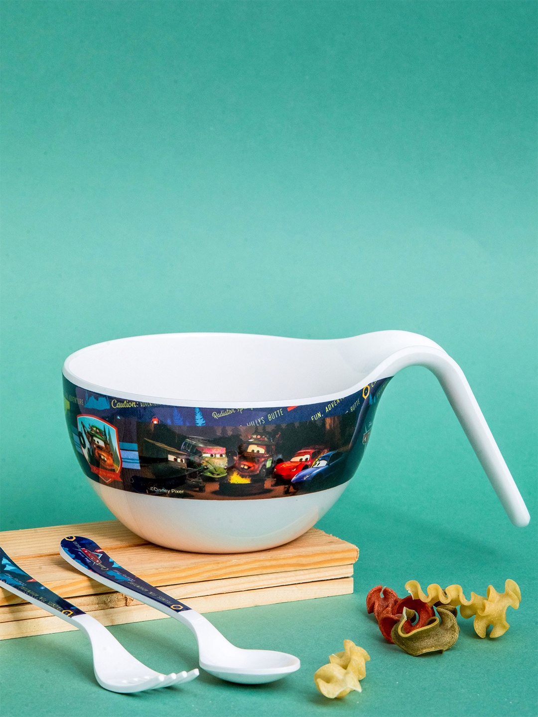 

Servewell Kids White 3 Pieces Printed Melamine Glossy Maggie Bowl With Spoon & Fork 650 ml