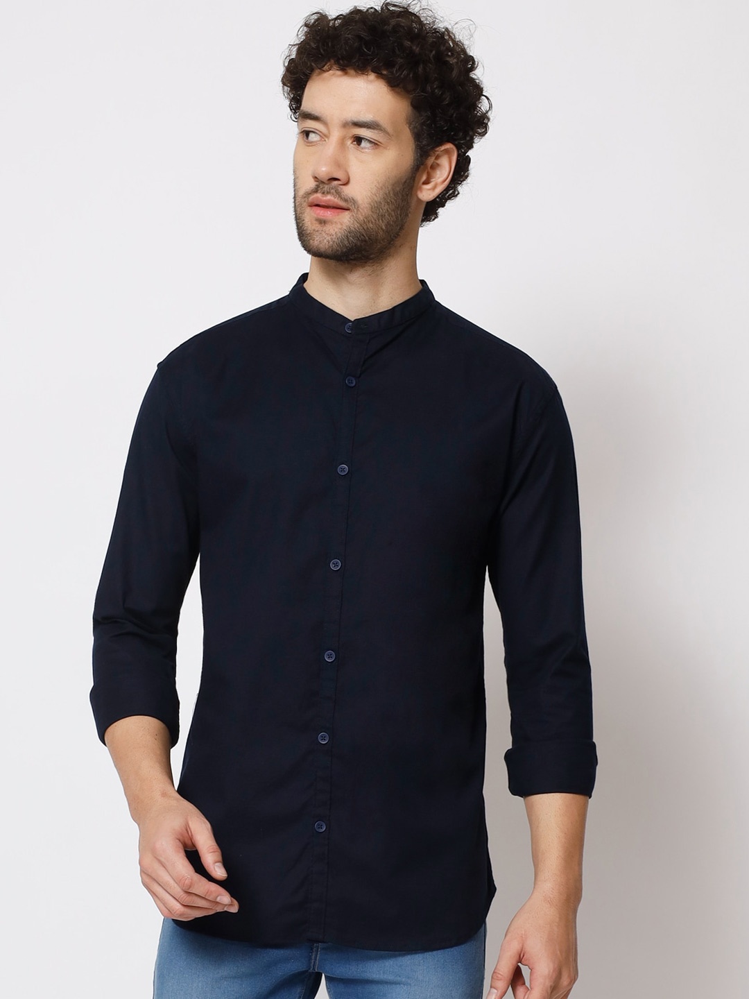 

POP CULTURE Mandarin Collar Slim Fit Cotton Shirt, Navy blue