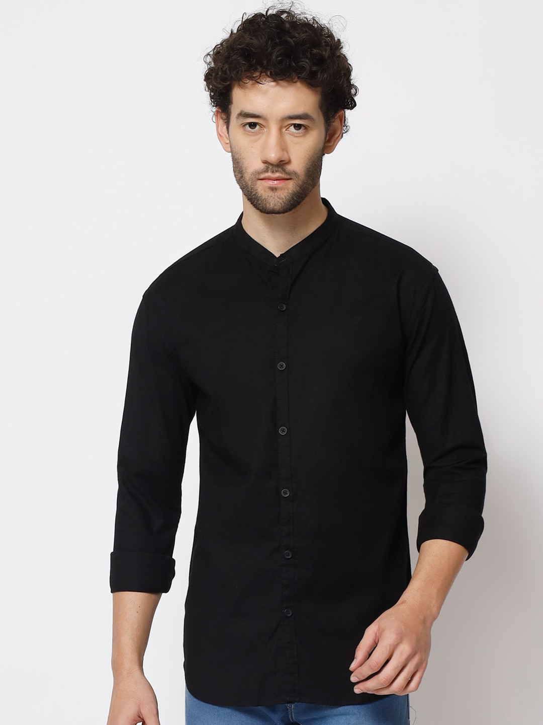 

POP CULTURE Mandarin Collar Slim Fit Cotton Shirt, Black