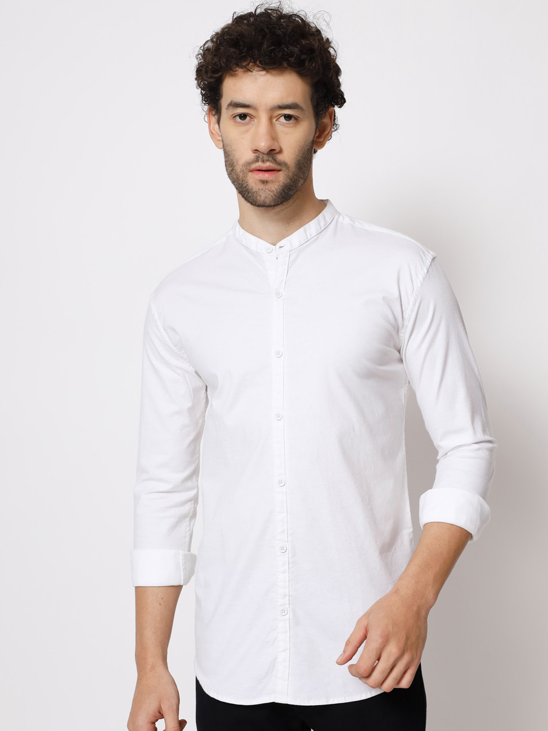 

POP CULTURE Mandarin Collar Slim Fit Cotton Shirt, White