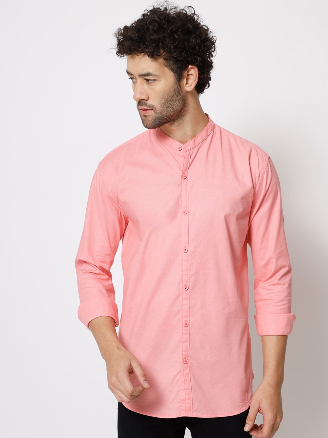 

POP CULTURE Mandarin Collar Slim Fit Cotton Shirt, Pink