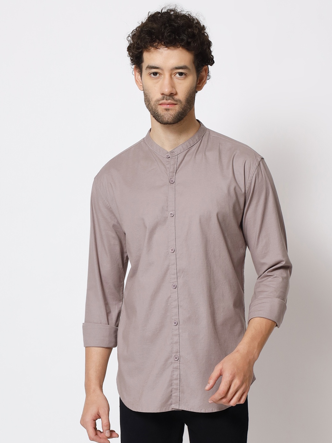 

POP CULTURE Mandarin Collar Slim Fit Cotton Shirt, Grey