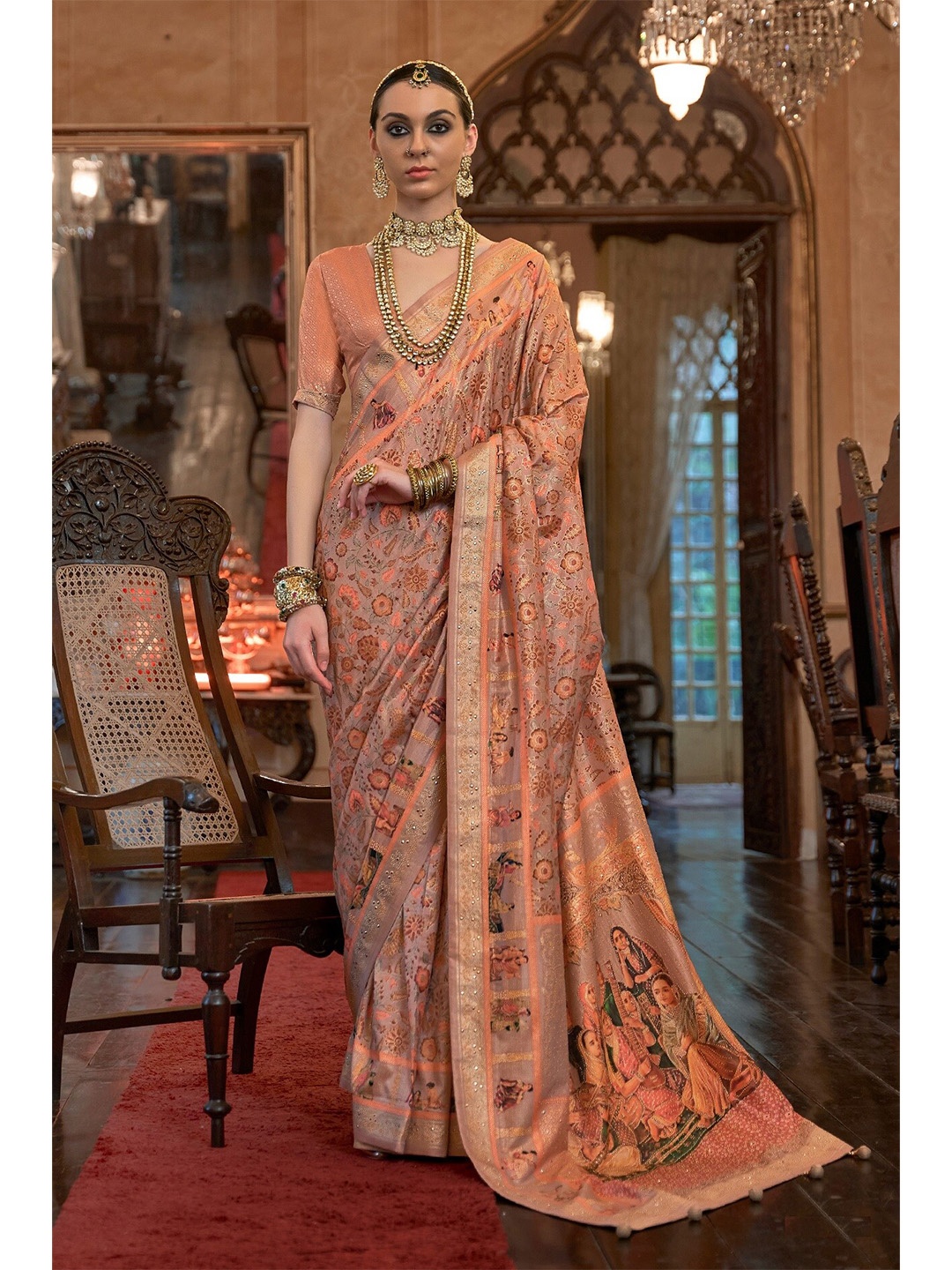 

Mitera Peach-Coloured & Green Floral Printed Beads and Stones Patola Saree