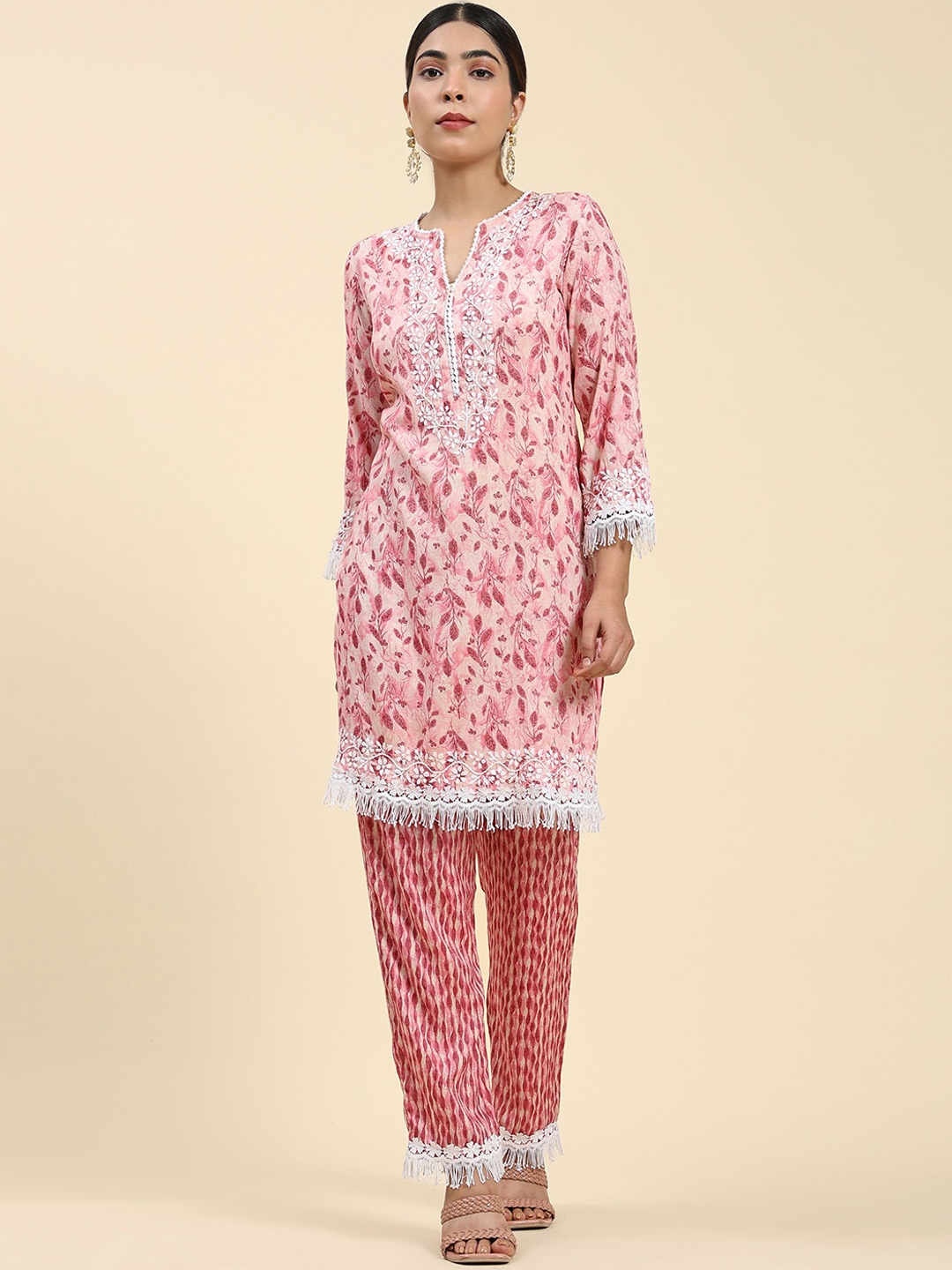 

HOUSE OF KARI Printed Pure Cotton Tpo With Trouser Co-Ords, Peach