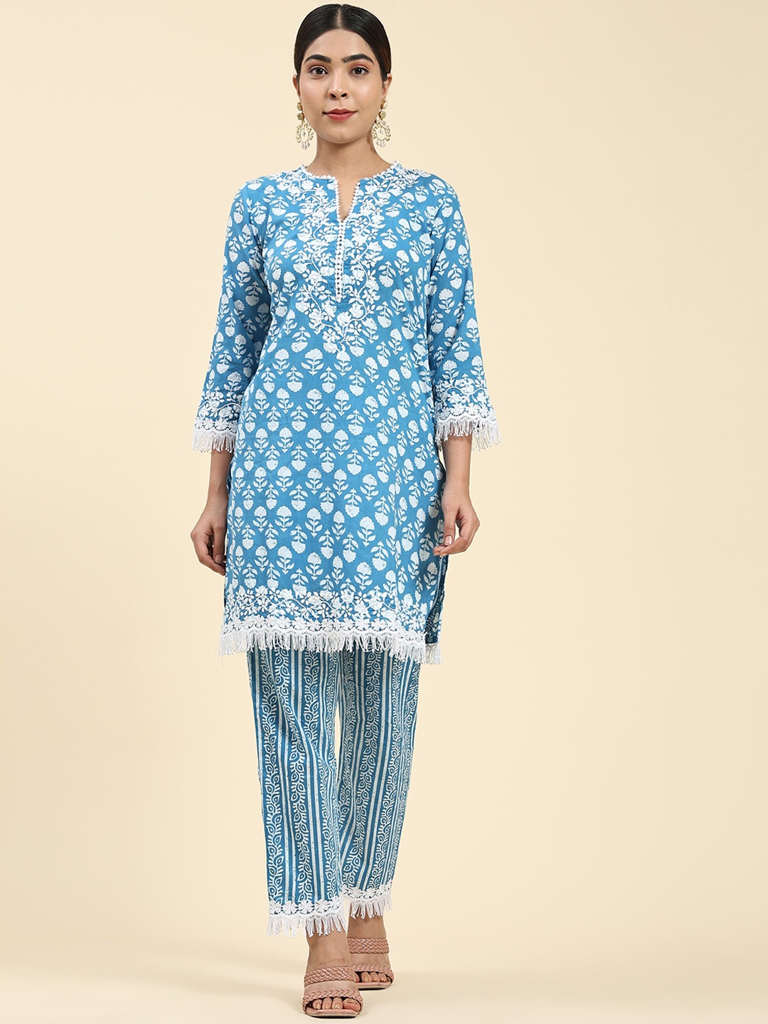 

HOUSE OF KARI Floral Printed Pure Cotton Top With Trouser Co-Ords, Blue