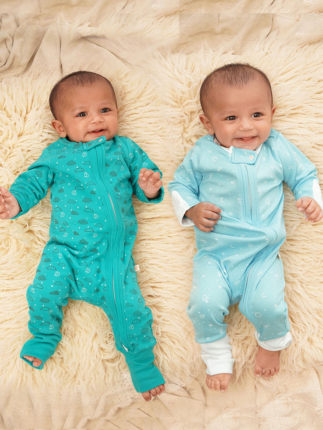 

GREENDIGO Infants Pack of 2 Printed Organic Cotton Sleepsuits, Blue