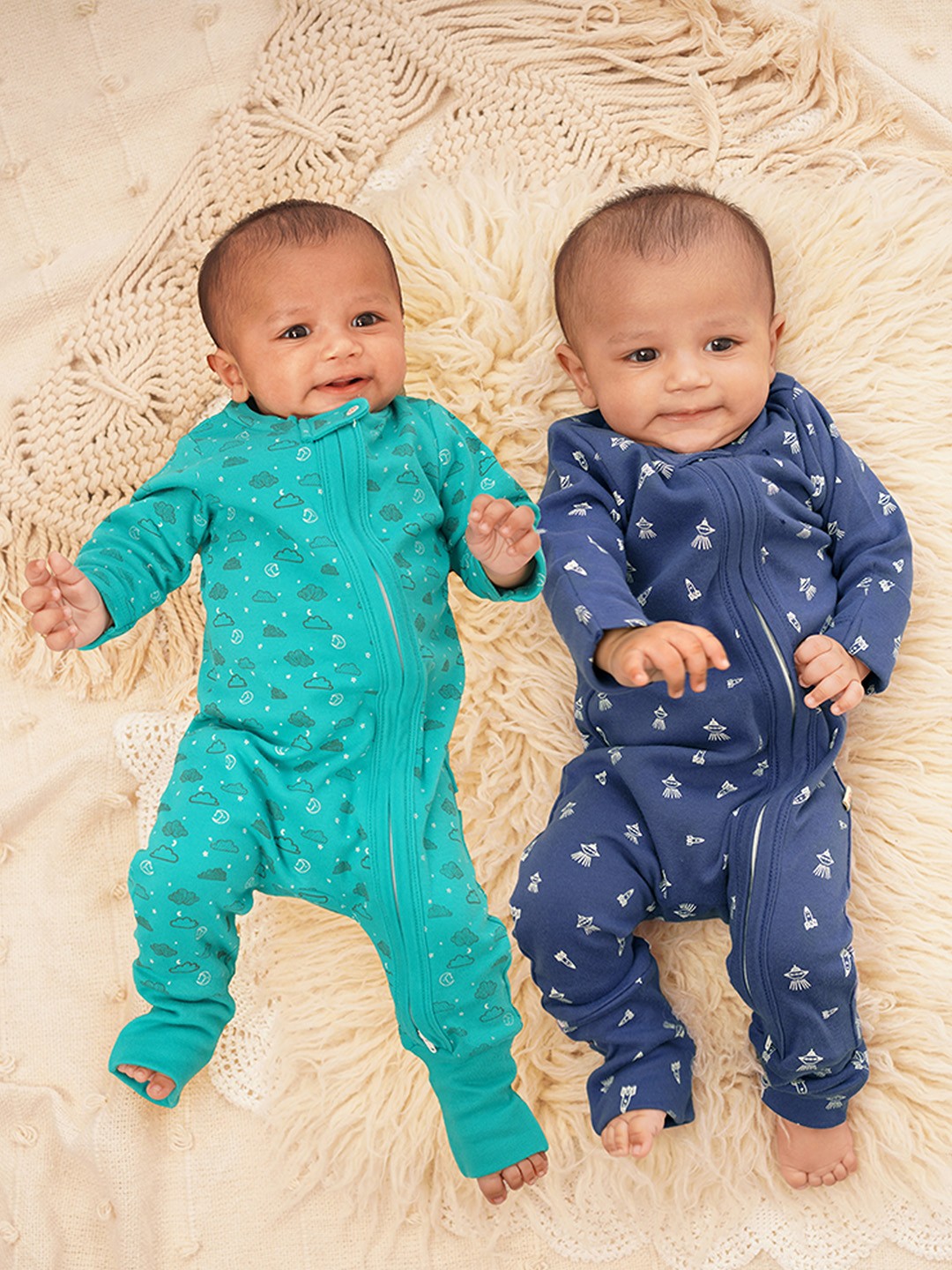 

GREENDIGO Infants Pack of 2 Printed Organic Cotton Sleepsuit, Navy blue