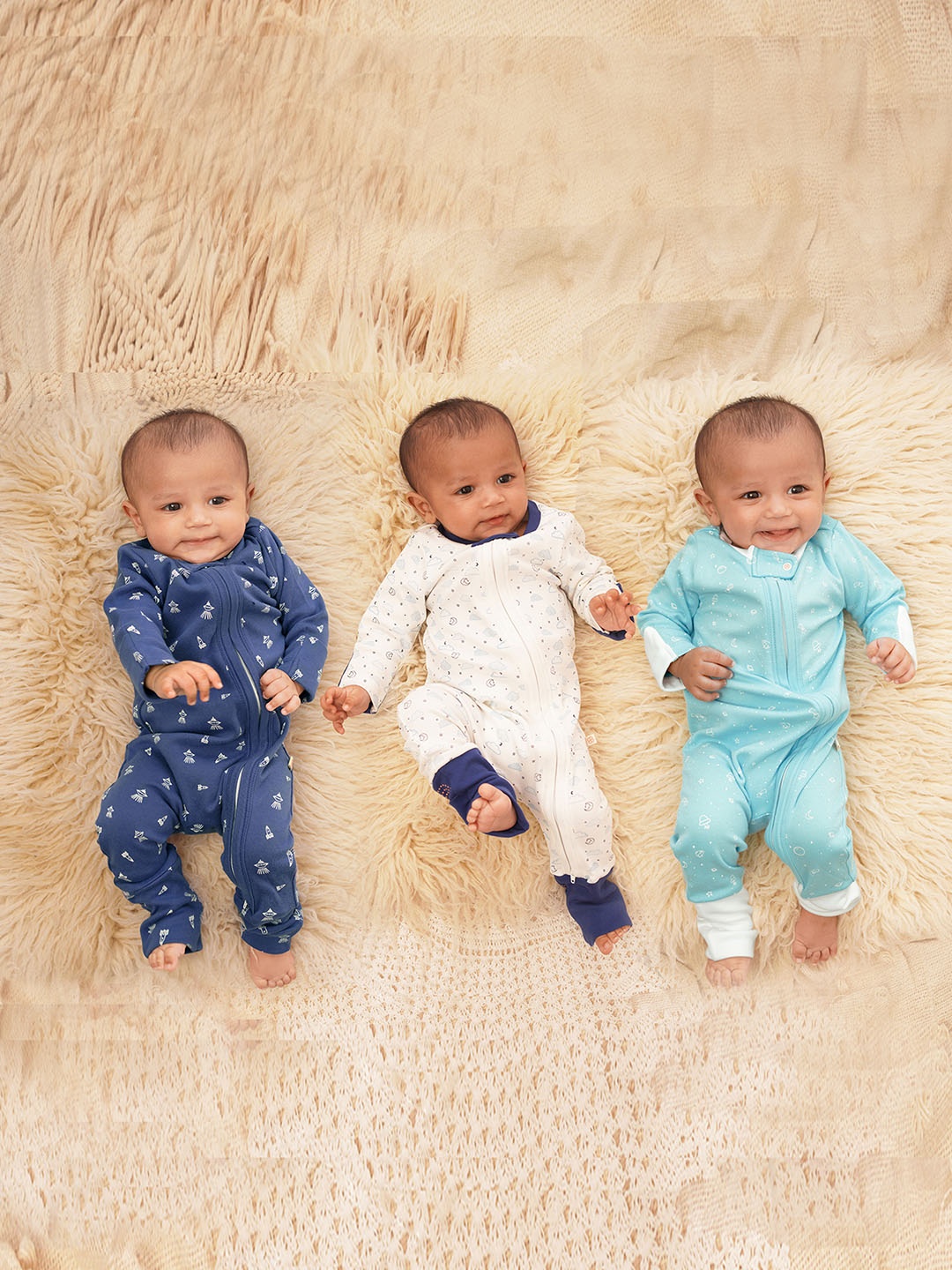 

GREENDIGO Infants Pack Of 3 Printed Organic Cotton Sleepsuit, Blue