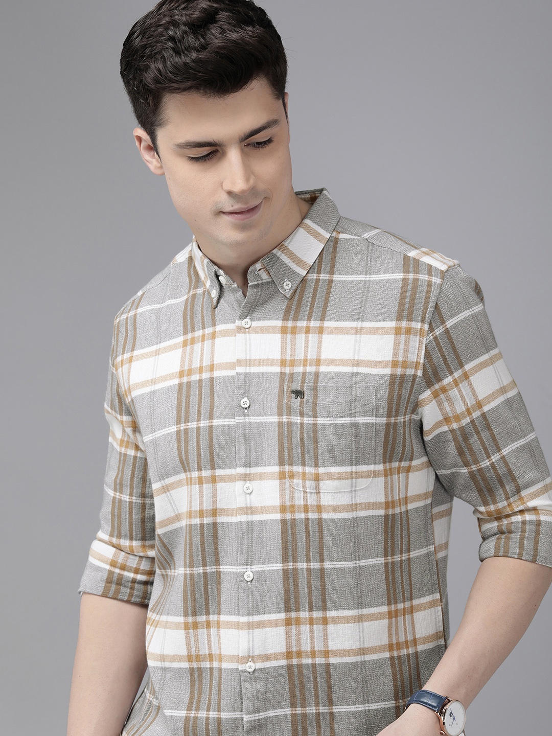 

THE BEAR HOUSE Men Slim Fit Grid Tattersall Checked Casual Shirt, Grey