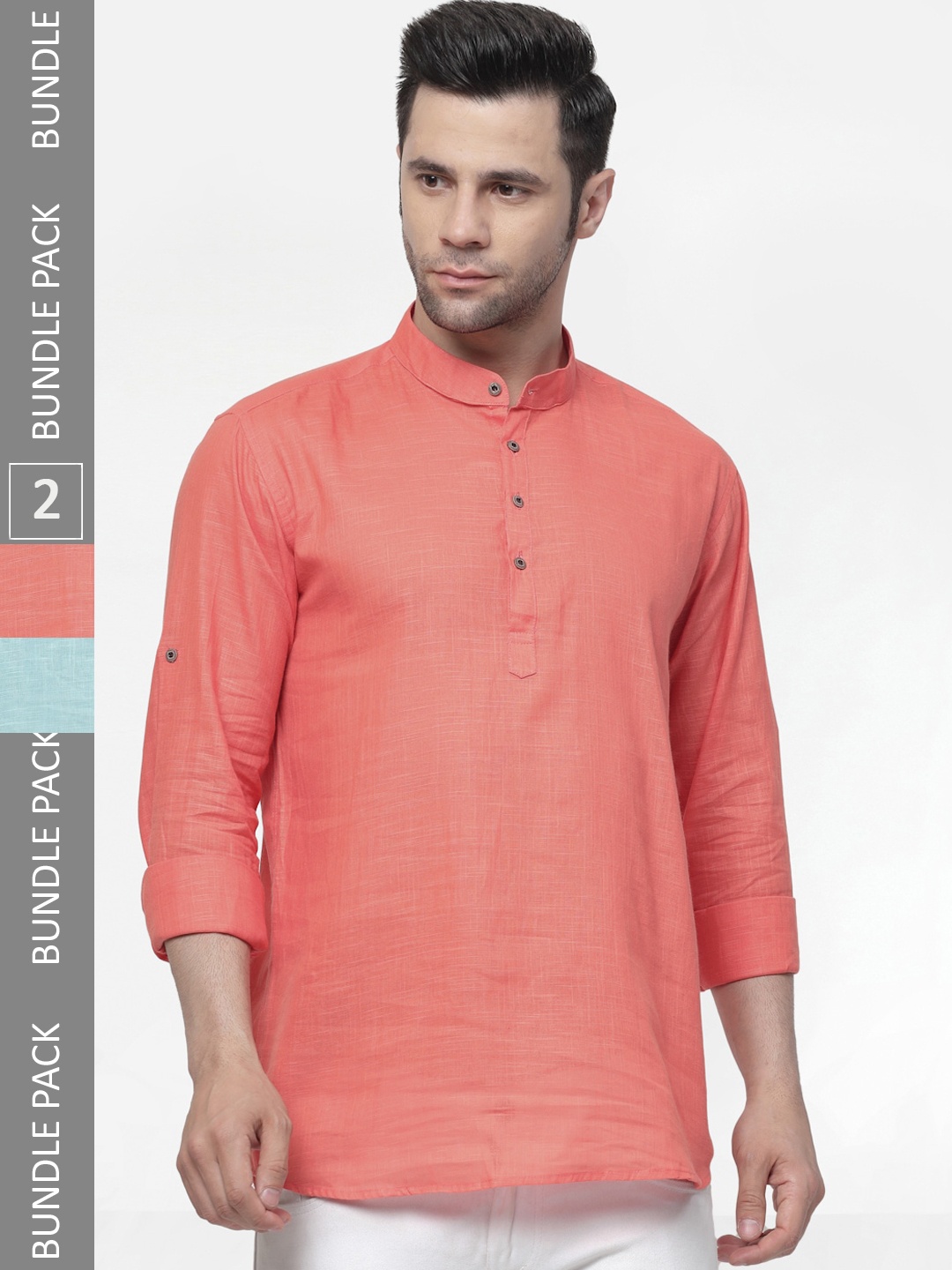 

allan peter Pack of 2 Mandarin Collar Cotton Kurtas, Peach