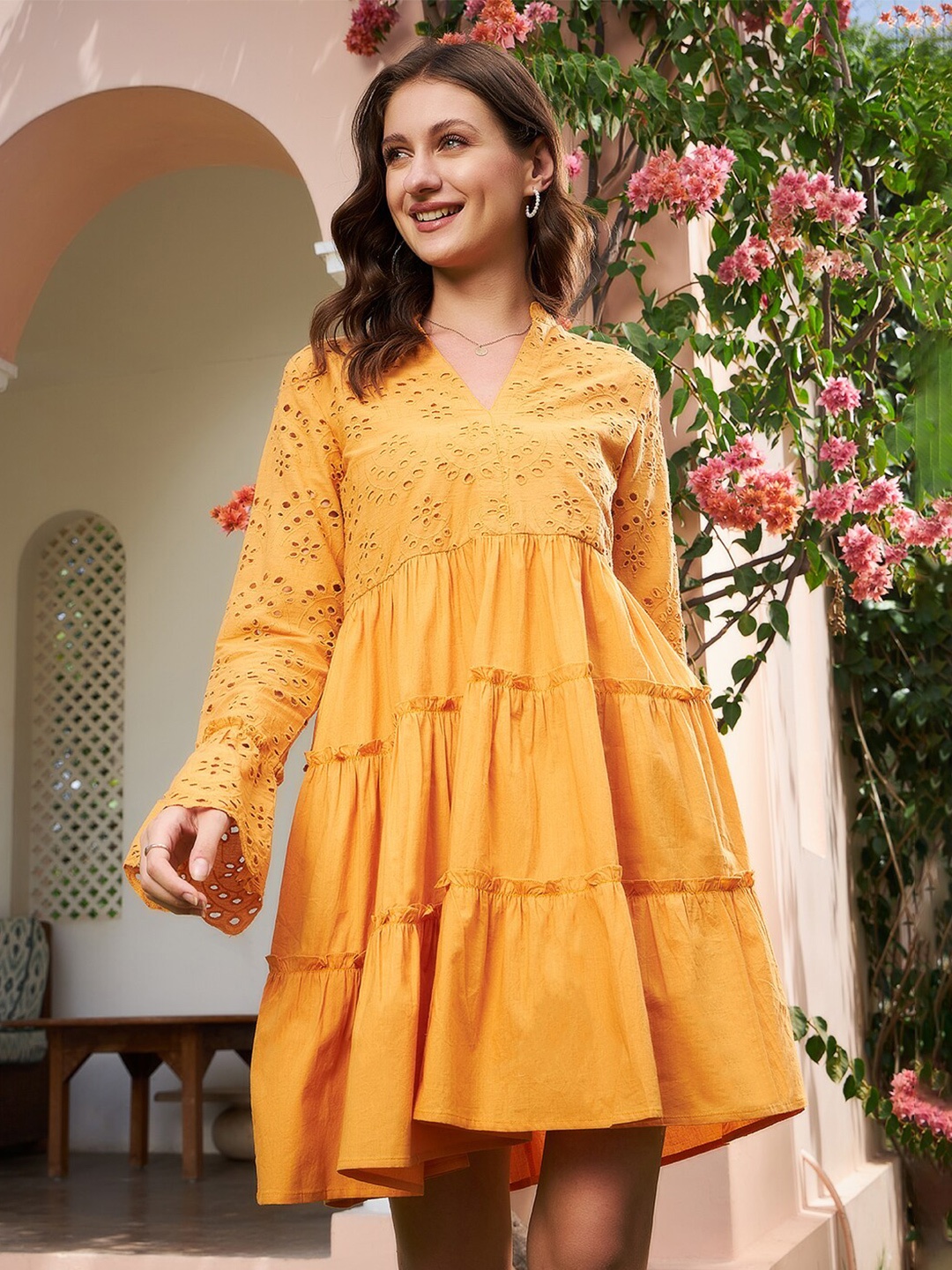 

Athena Mustard Yellow Schiffli Tiered A-Line Cotton Dress