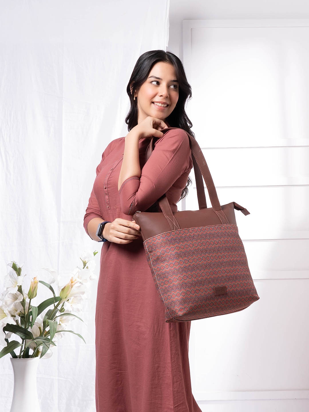 

ZOUK Printed Shopper Jute Tote Bag, Brown