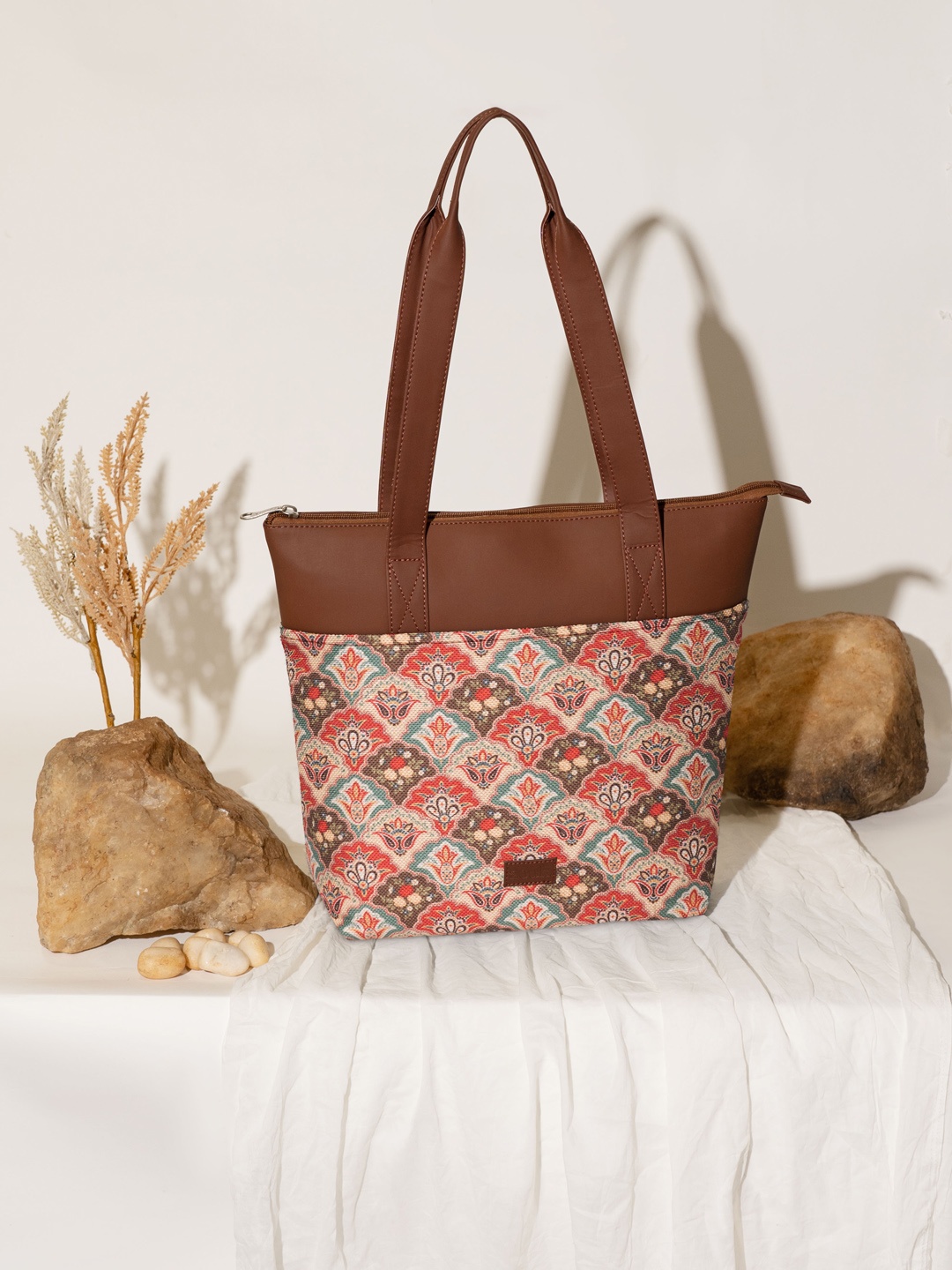 

ZOUK Printed Shopper Jute Tote Bag, Brown