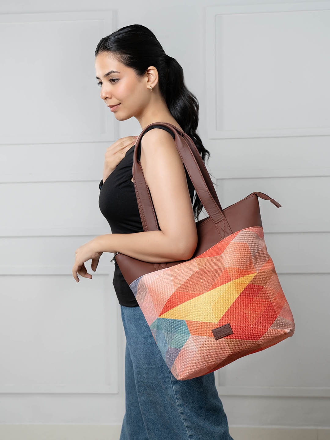 

ZOUK Printed Shopper Jute Tote Bag, Brown