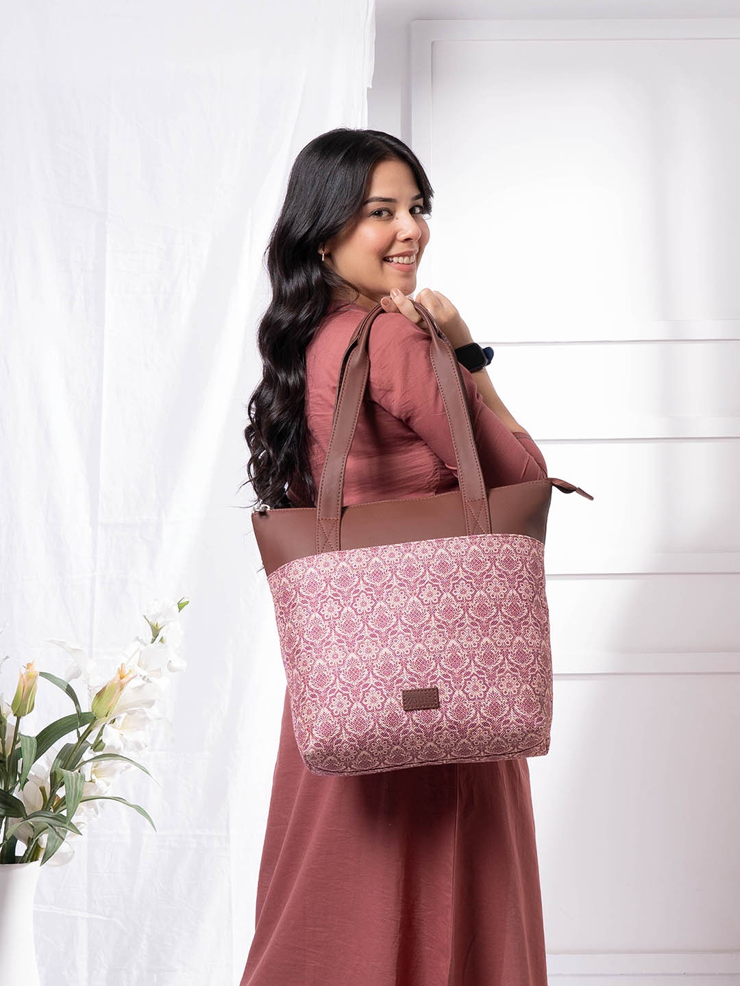 

ZOUK Ethnic Motifs Printed Shopper Jute Tote Bag, Pink