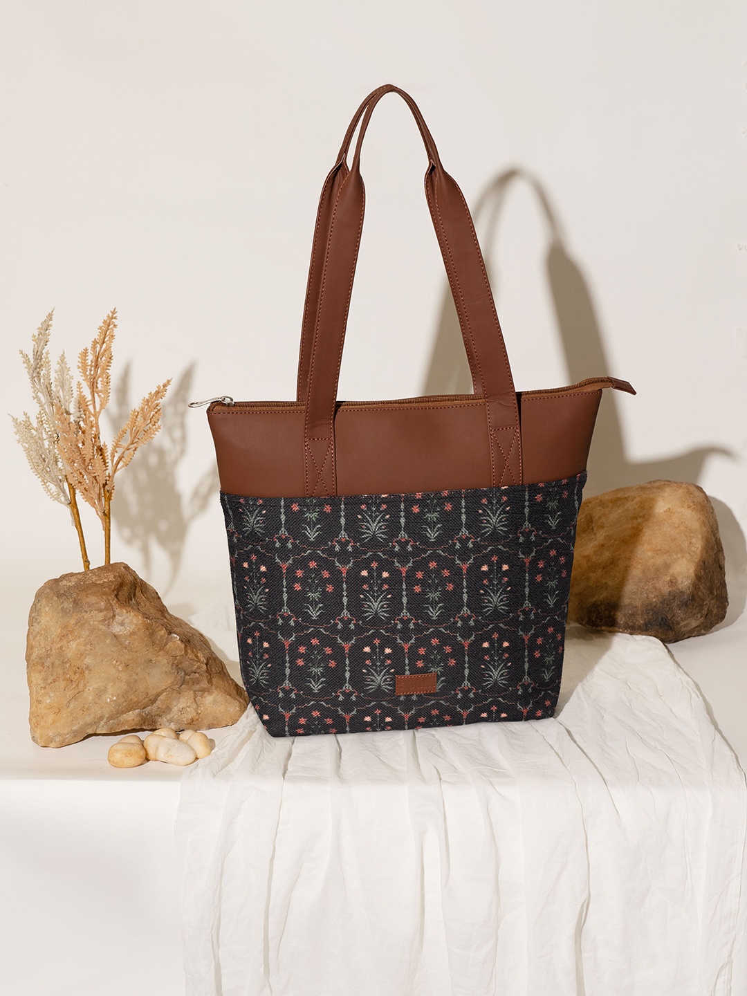 

ZOUK Printed Shopper Jute Tote Bag, Navy blue