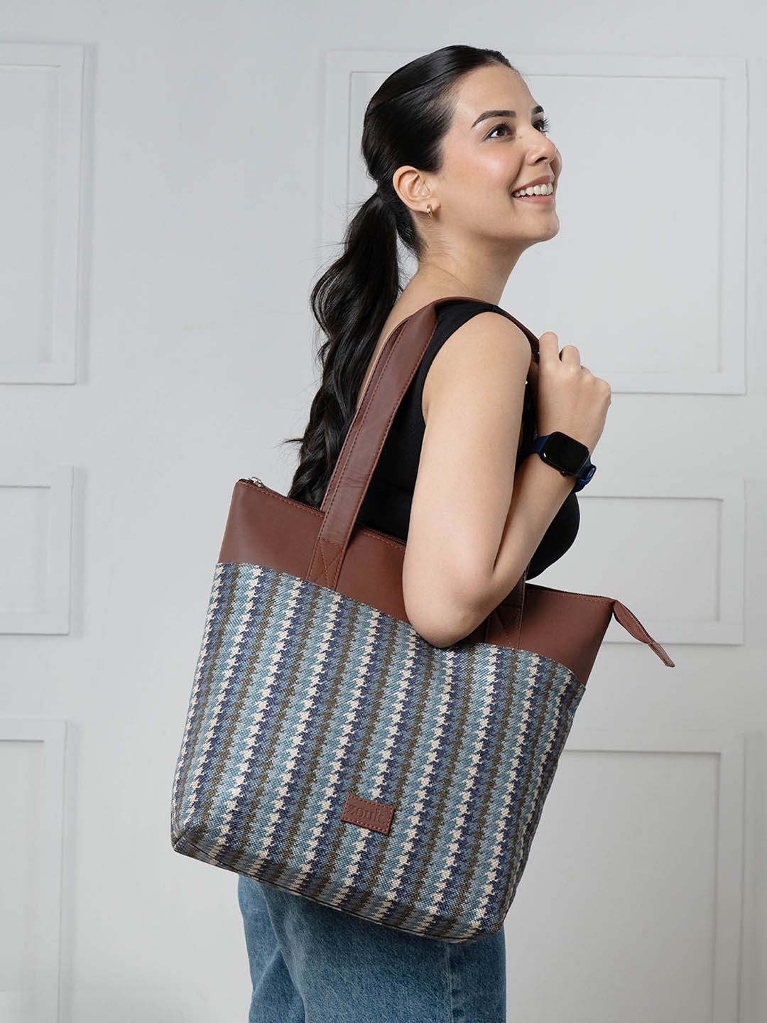 ZOUK Geometric Printed Shopper Jute Tote Bag, Blue