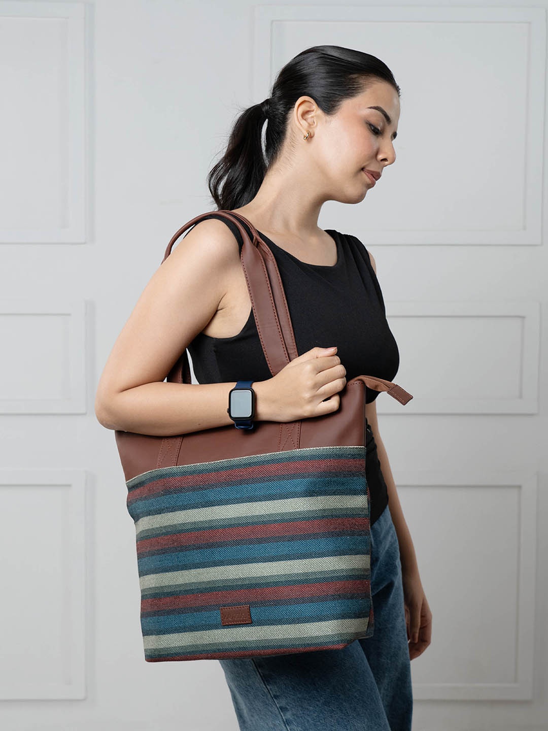 ZOUK Striped Shopper Tote Bag, Blue