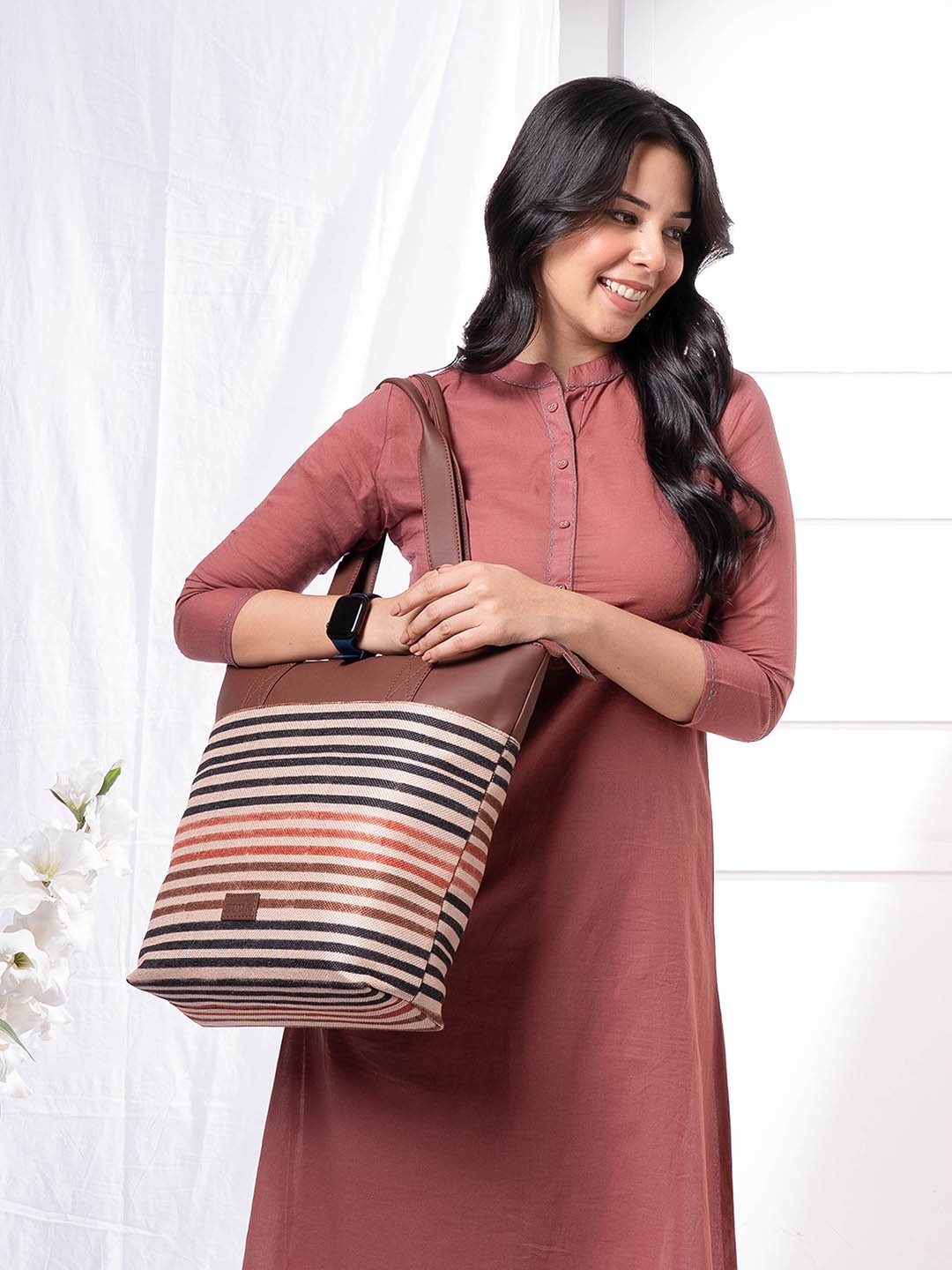 

ZOUK Striped Shopper Jute Tote Bag, Brown