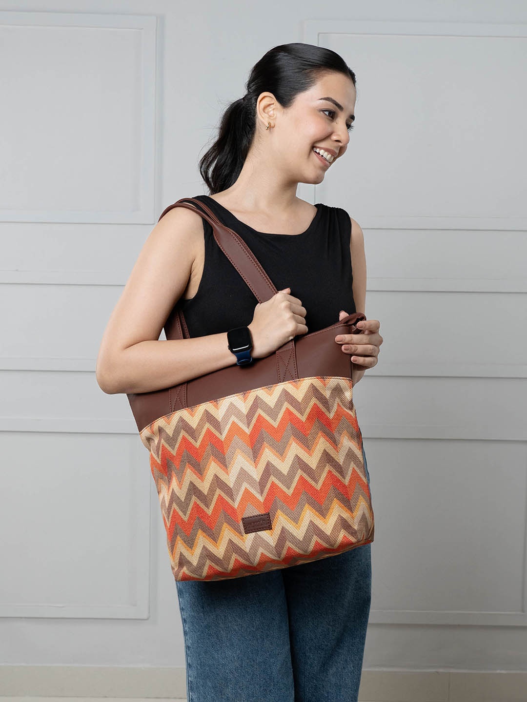 

ZOUK Geometric Printed Shopper Tote Bag, Orange