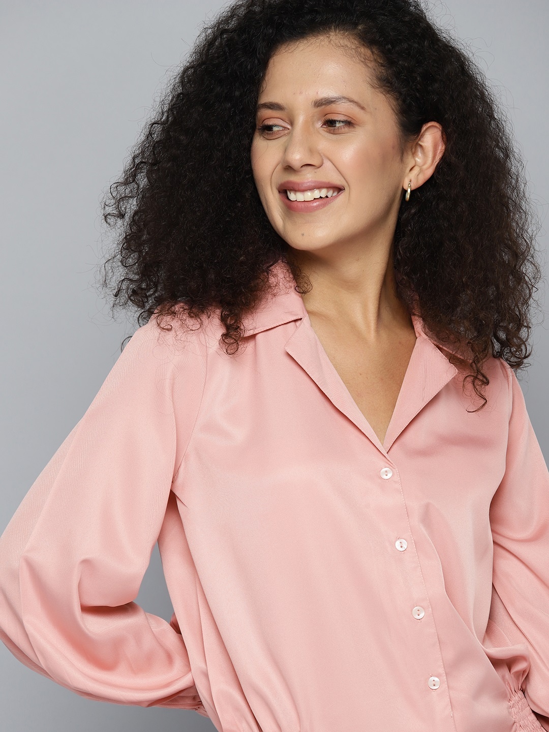 

Mast & Harbour Solid Puff Sleeve Shirt Style Top, Peach