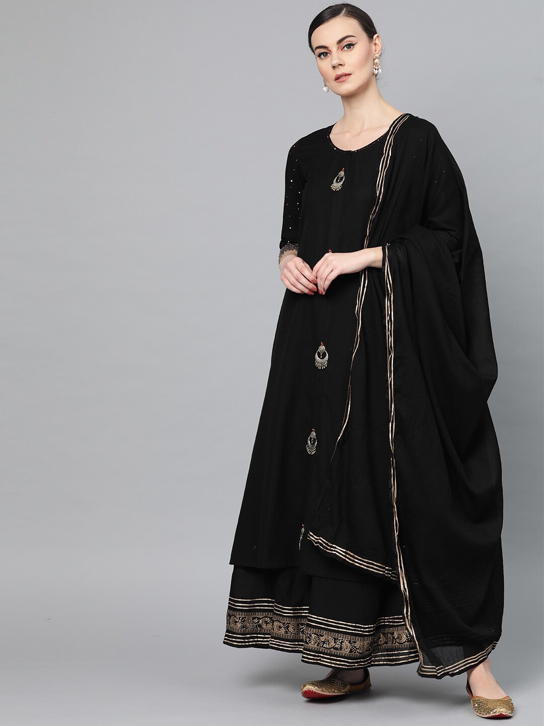 

Ishin Pure Cotton Anarkali Kurta & Palazzos With Dupatta, Black