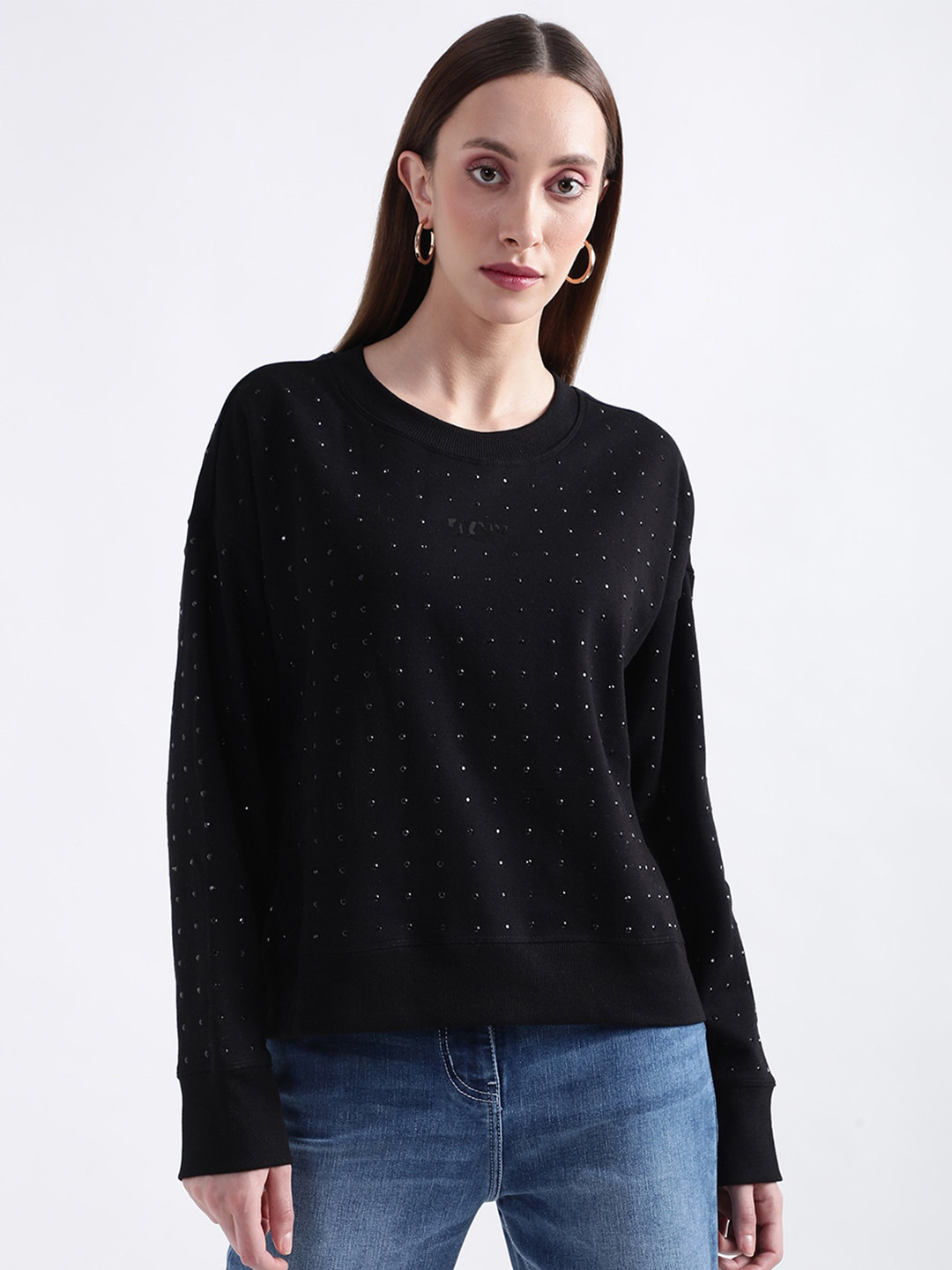 

DKNY Self Design Cotton Sweatshirt, Black