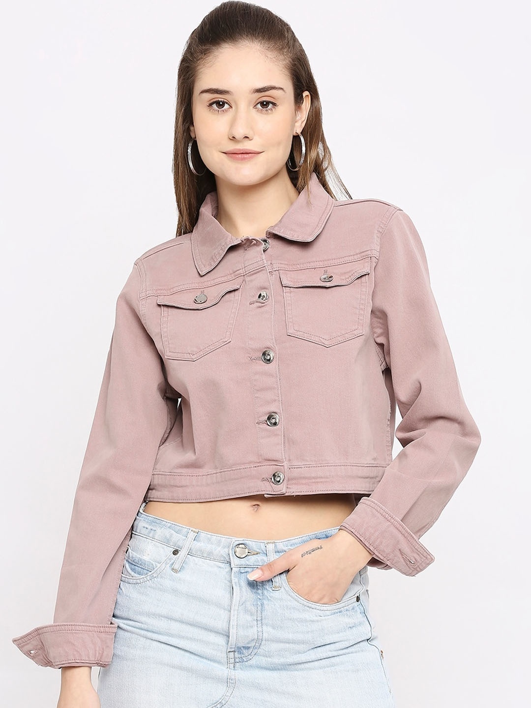 

SPYKAR Women Striped Crop Denim Jacket, Pink