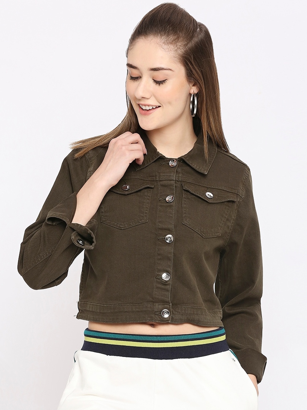 

SPYKAR Spread Collar Crop Denim Jacket, Green