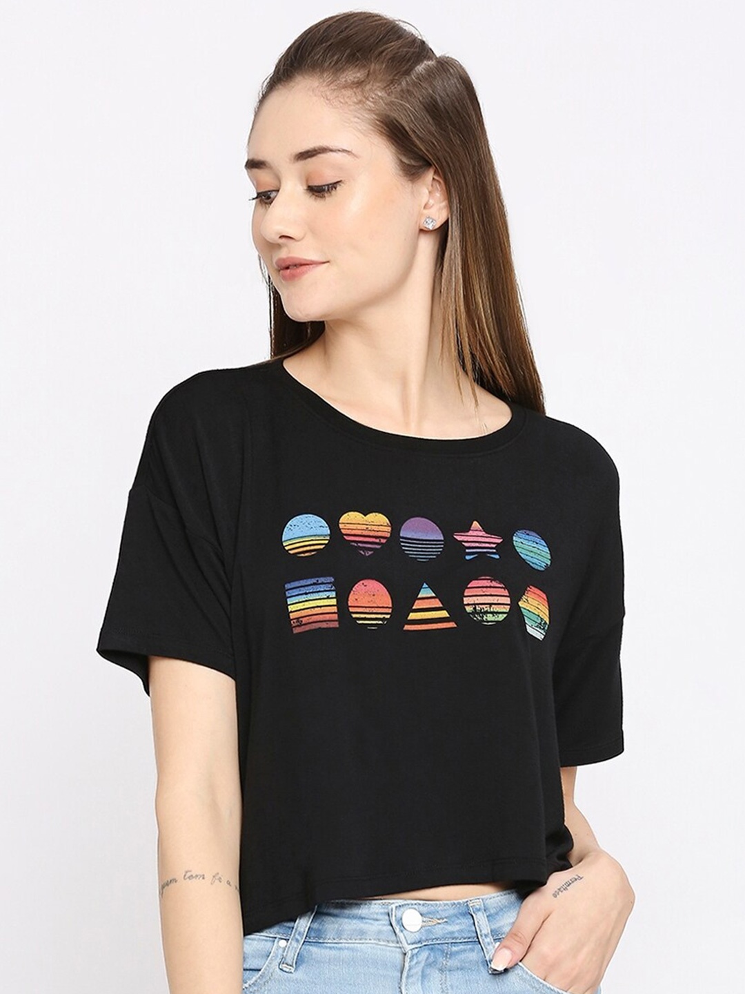 

SPYKAR Graphic Printed Drop Shoulder Sleeves Cotton Oversized Crop T-Shirt, Black