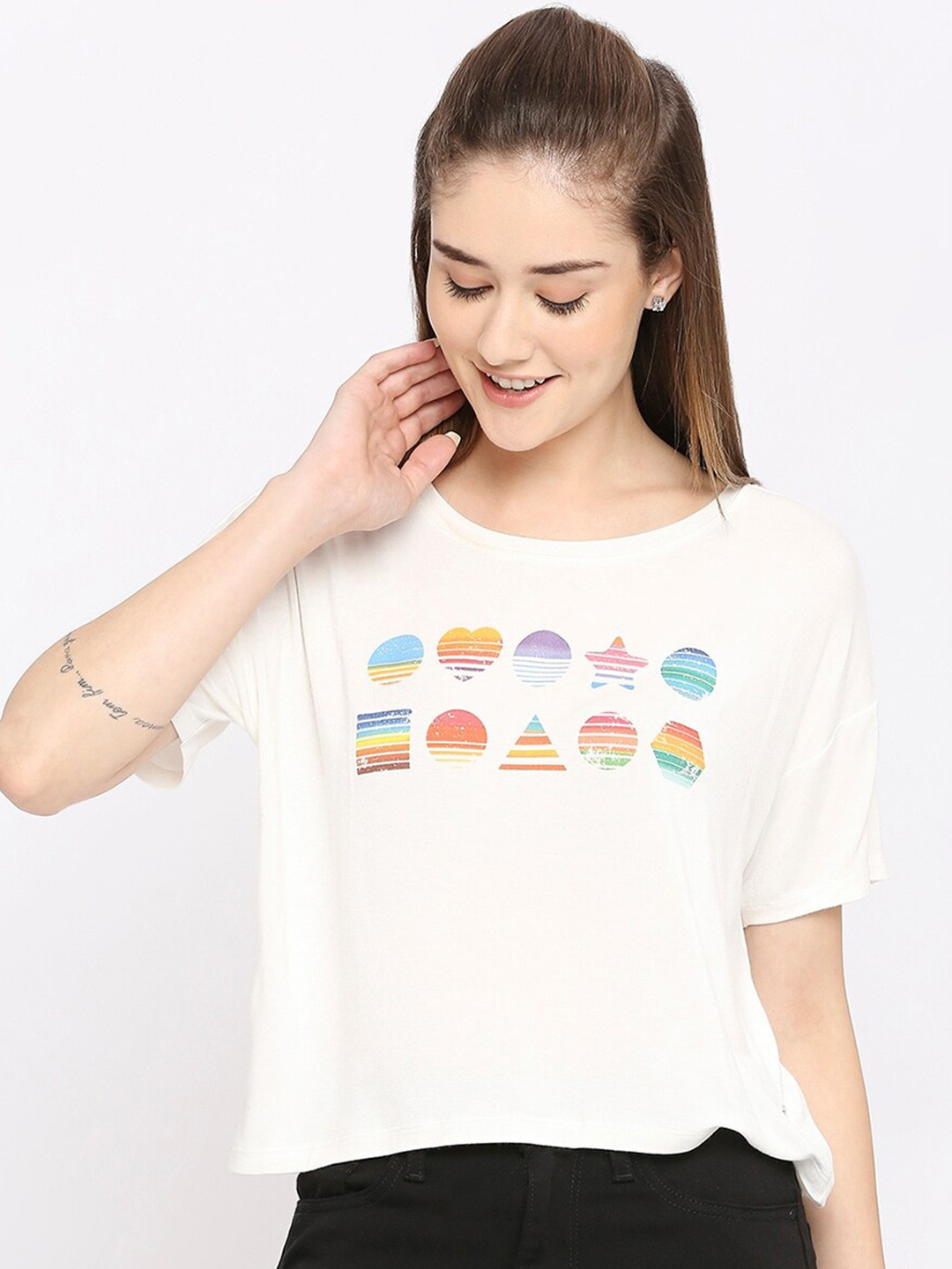 

SPYKAR Graphic Printed Drop-Shoulder Sleeves Cotton T-shirt, White