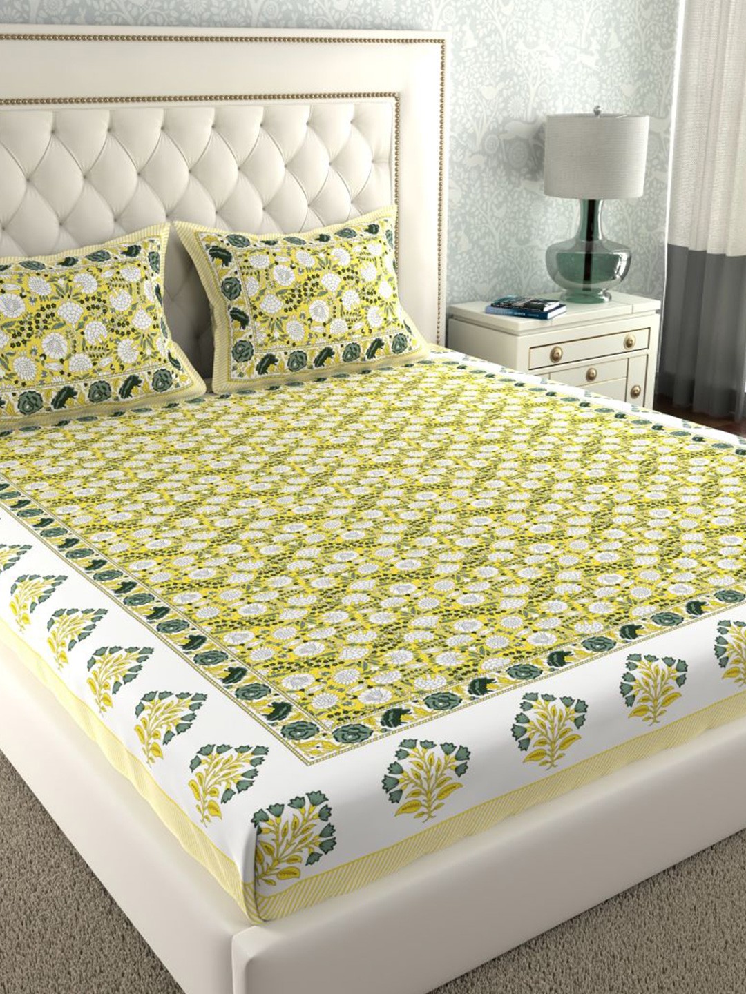 

LA VERNE White & Mustard Floral 140 TC Cotton King Bedsheet With 2 Pillow Covers
