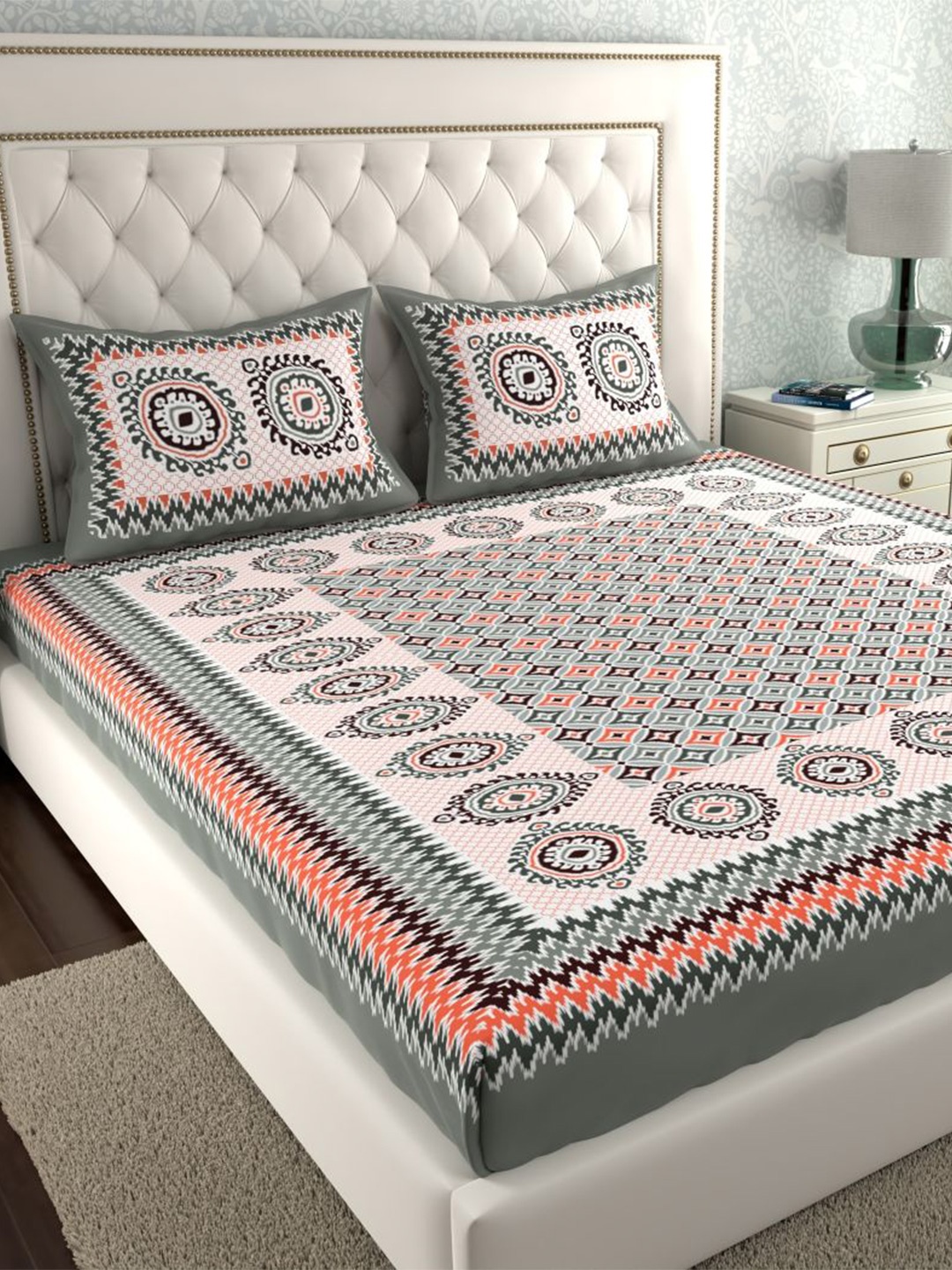 

LA VERNE White & Pink Ethnic Motifs 140 TC Cotton King Bedsheet With 2 Pillow Covers