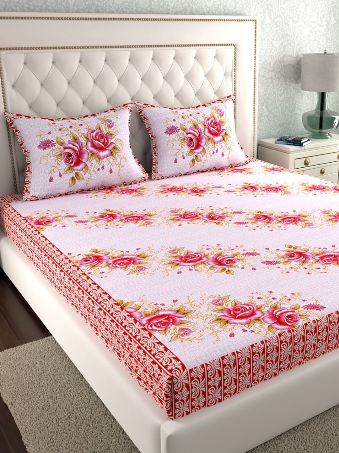 

LA VERNE White & Rose Floral 140 TC Cotton King Bedsheet With 2 Pillow Covers