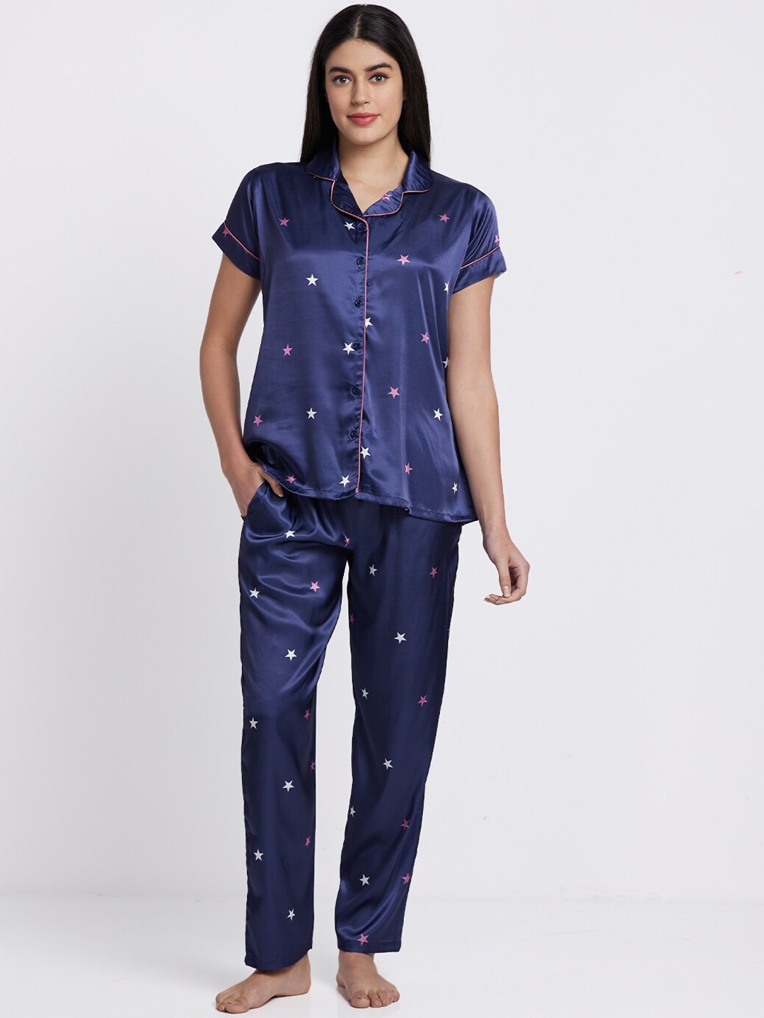 

FashionRack Conversational Printed Satin Night Suit, Navy blue