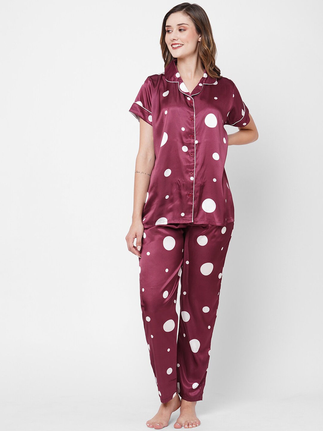 

FashionRack Polka Dots Printed Satin Night Suit, Maroon
