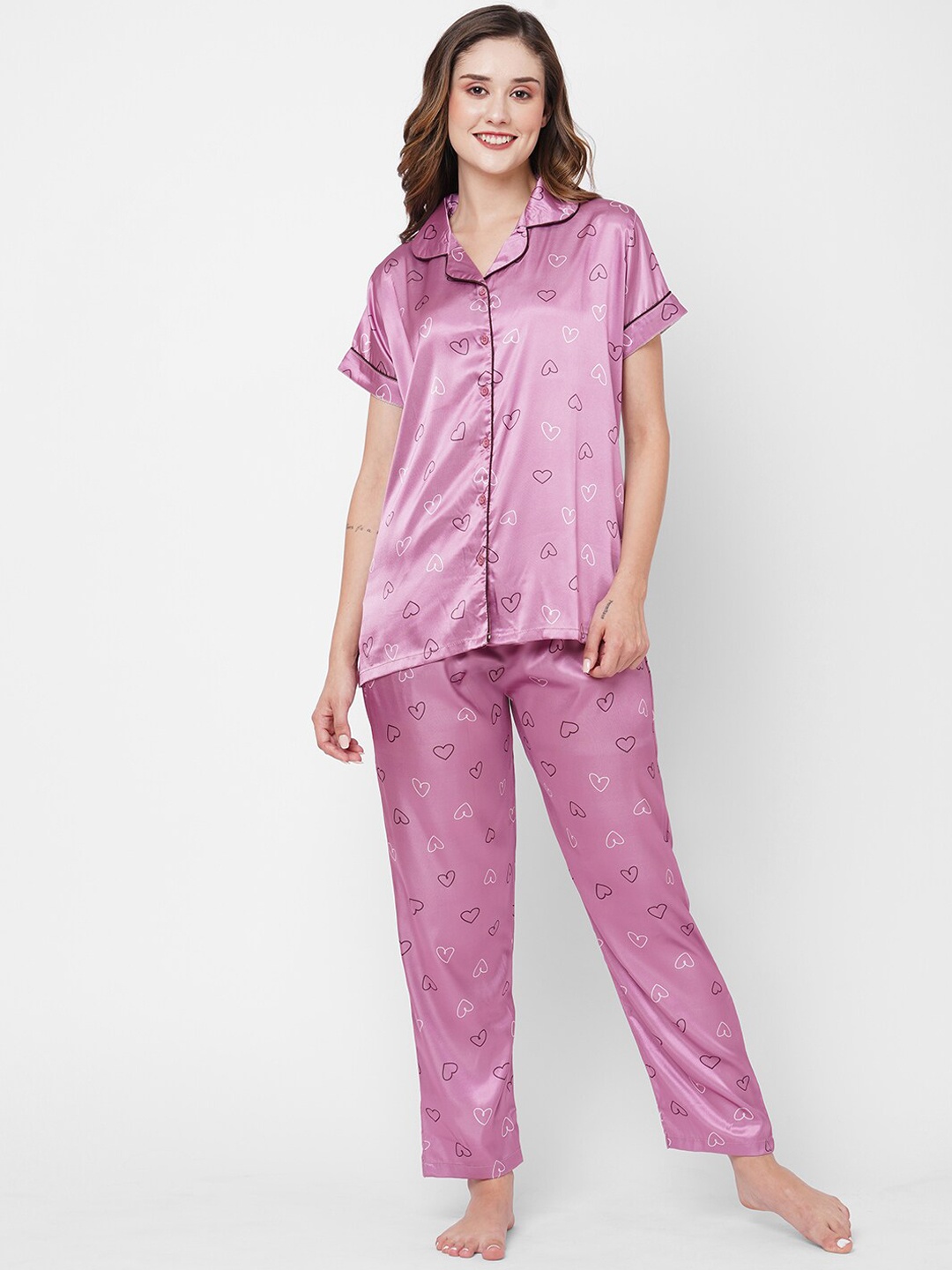 

FashionRack Conversational Printed Satin Night Suit, Pink