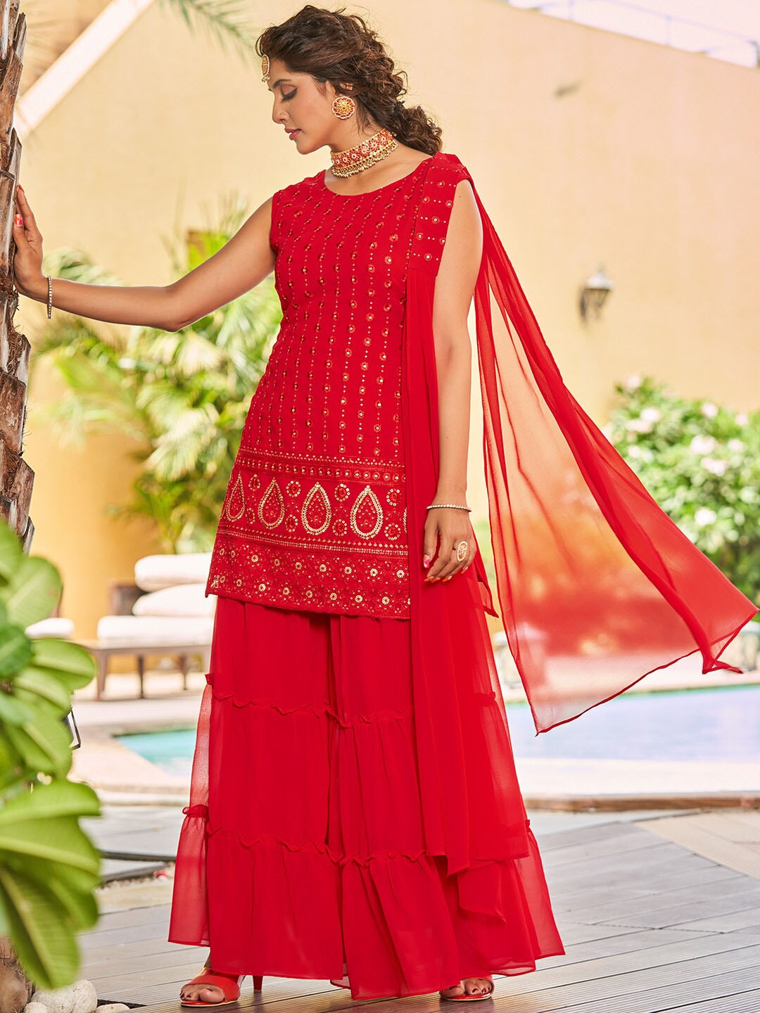 

KALINI Embroidered Sequinned Kurta with Sharara & Dupatta, Red