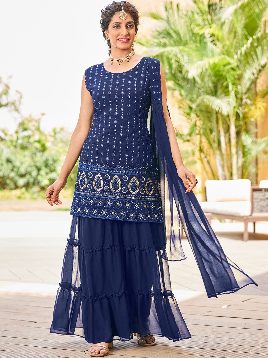 

KALINI Ethnic Motifs Embroidered Sequinned Kurta with Sharara & Dupatta, Navy blue