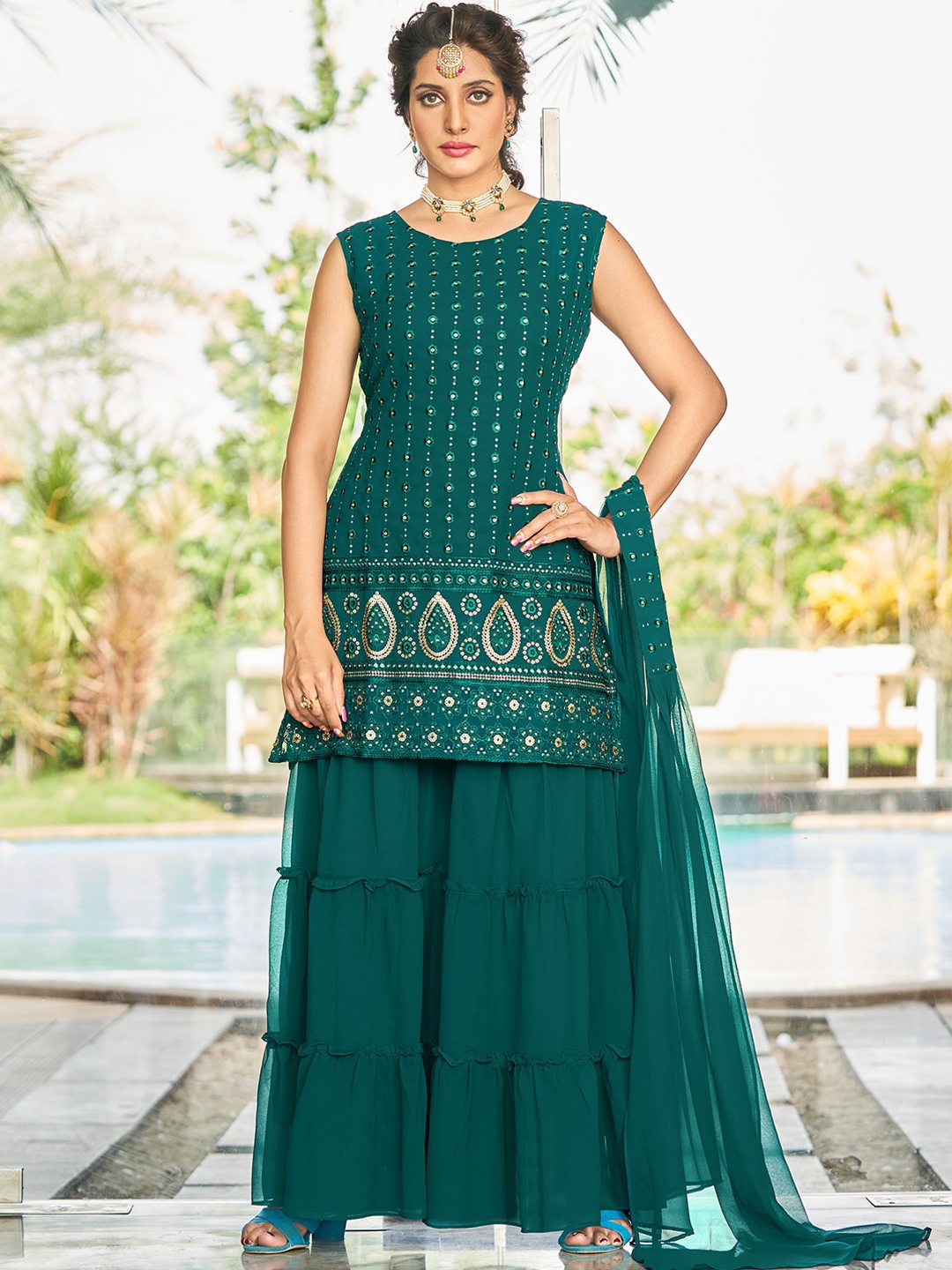 

KALINI Ethnic Motifs Embroidered Sequinned Kurta with Sharara & Dupatta, Teal