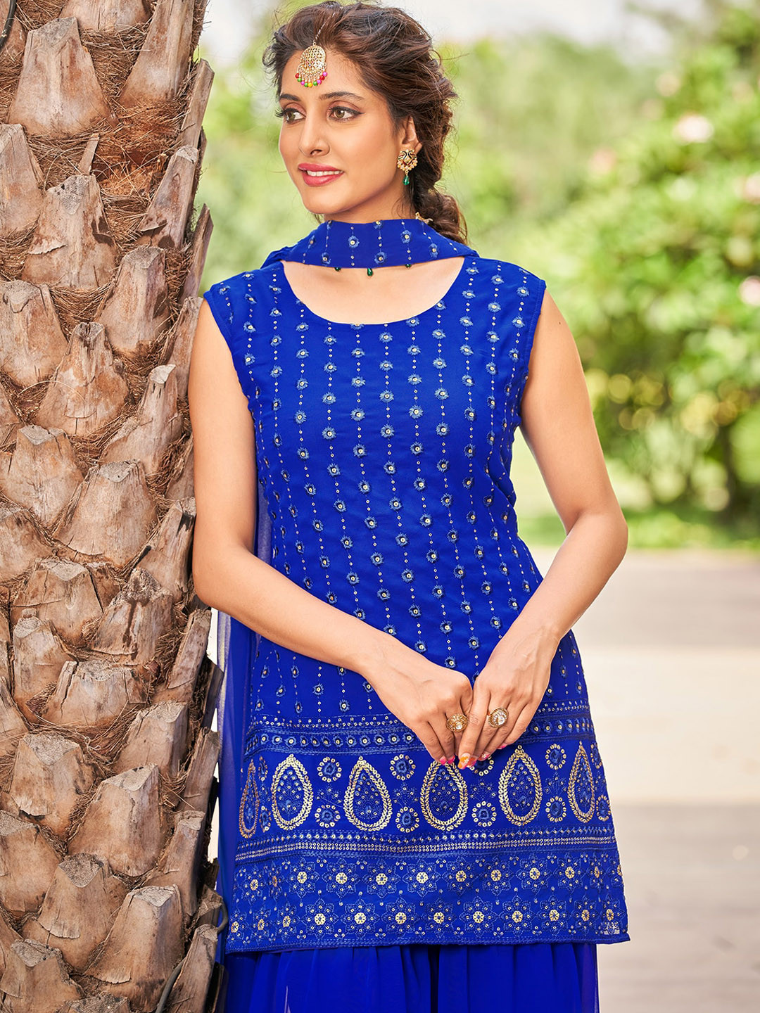 

KALINI Embroidered Sequinned Kurti with Sharara & Dupatta, Blue