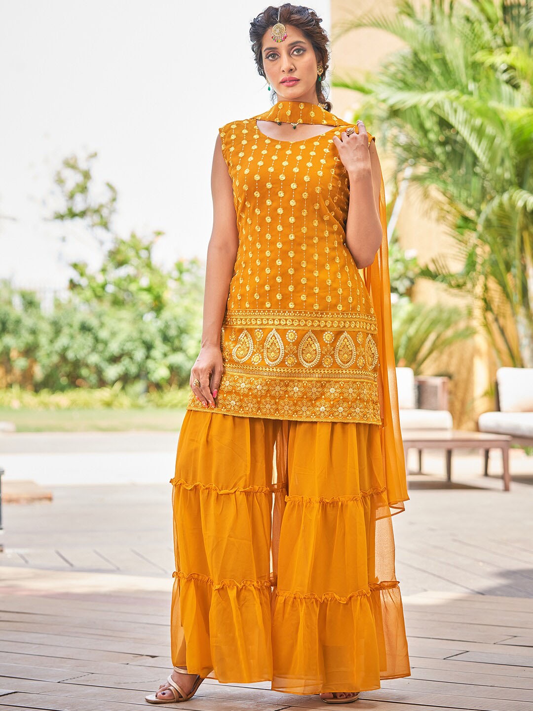 

KALINI Ethnic Motifs Embroidered Sequinned Kurta with Sharara & Dupatta, Mustard