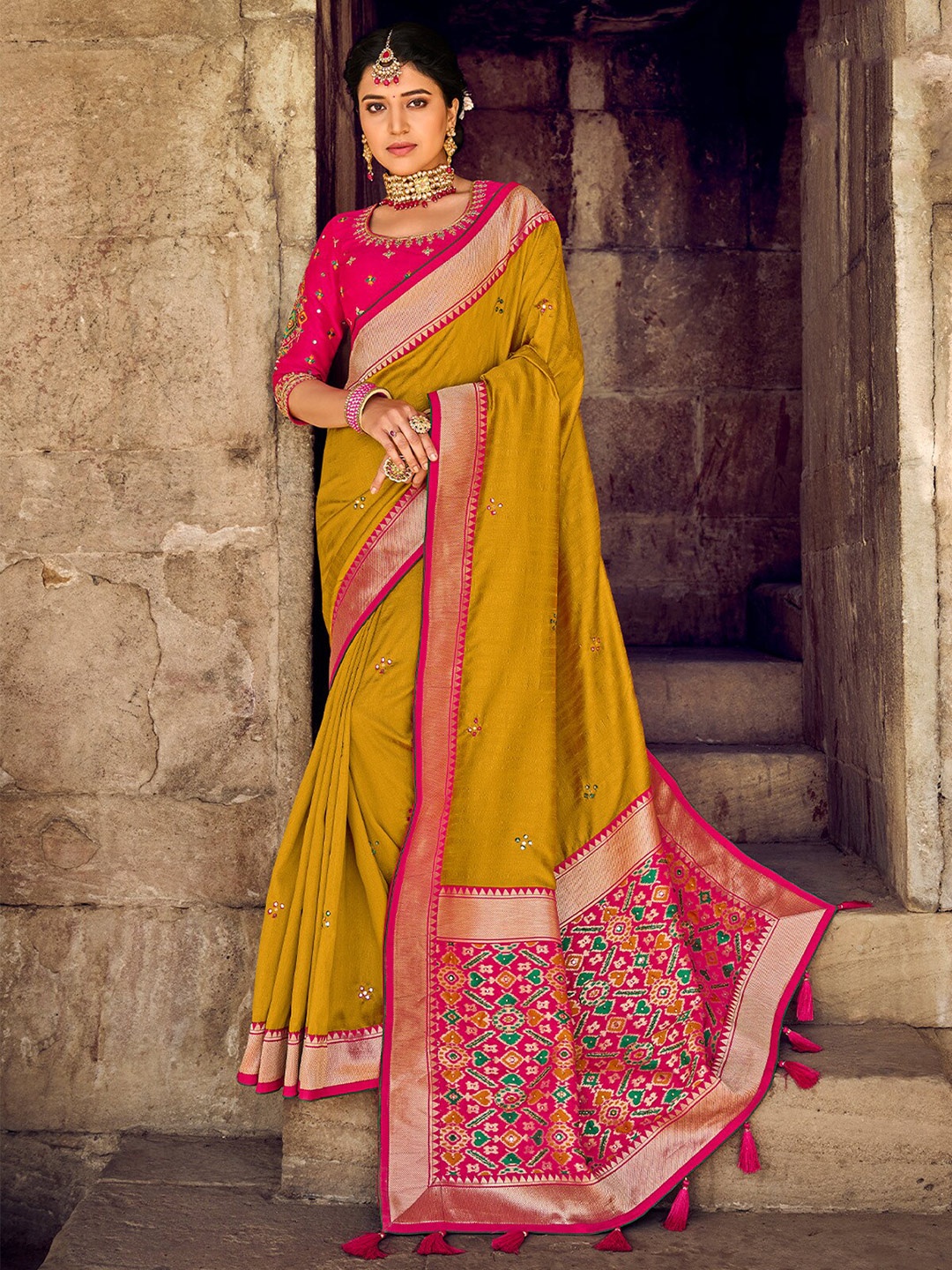 

ODETTE Embellished Zari Saree, Mustard