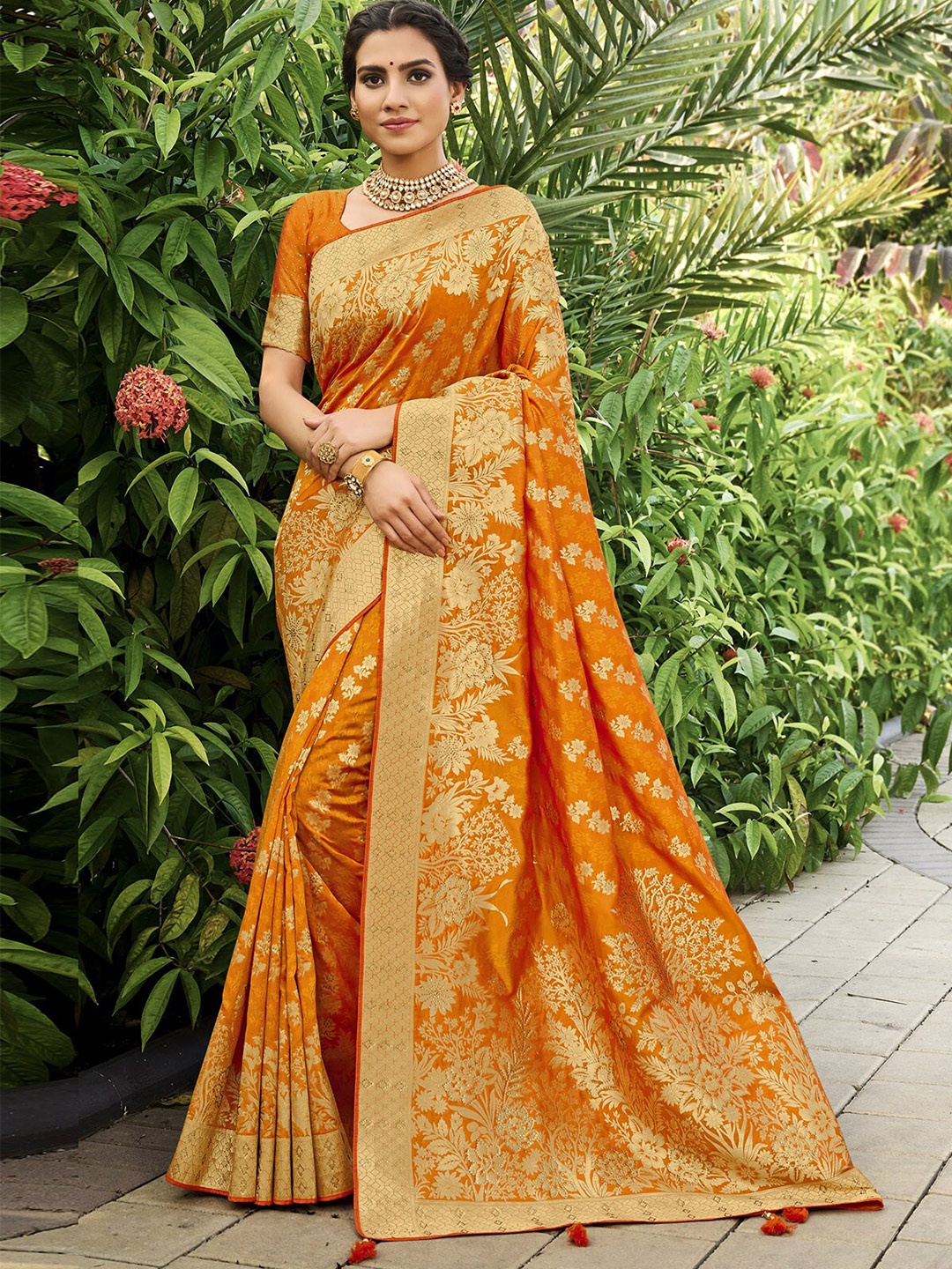 

ODETTE Ethnic Motifs Woven Design Zari Banarasi Saree, Orange