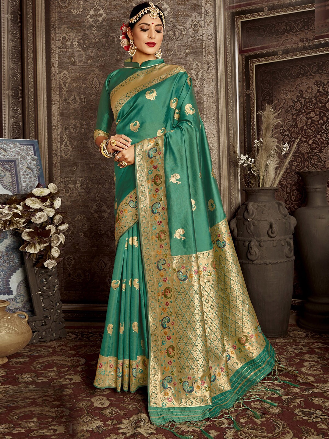 

ODETTE Ethnic Motifs Woven Design Zari Banarasi Saree, Sea green