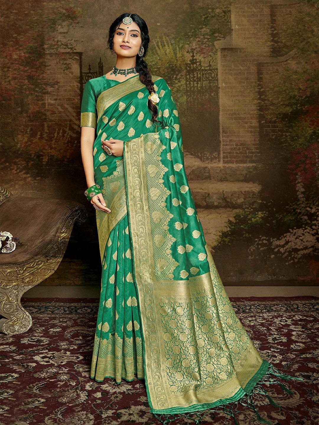 

ODETTE Woven Design Zari Silk Blend Banarasi Saree, Sea green