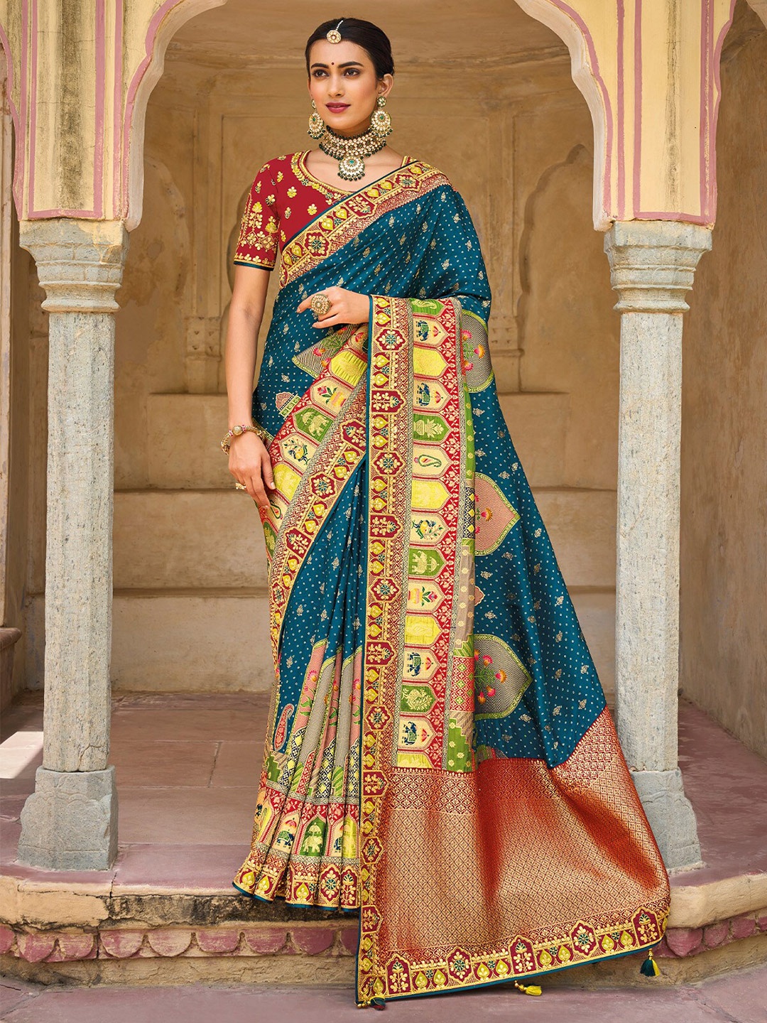 

ODETTE Woven Design Embroidered Silk Blend Saree, Teal